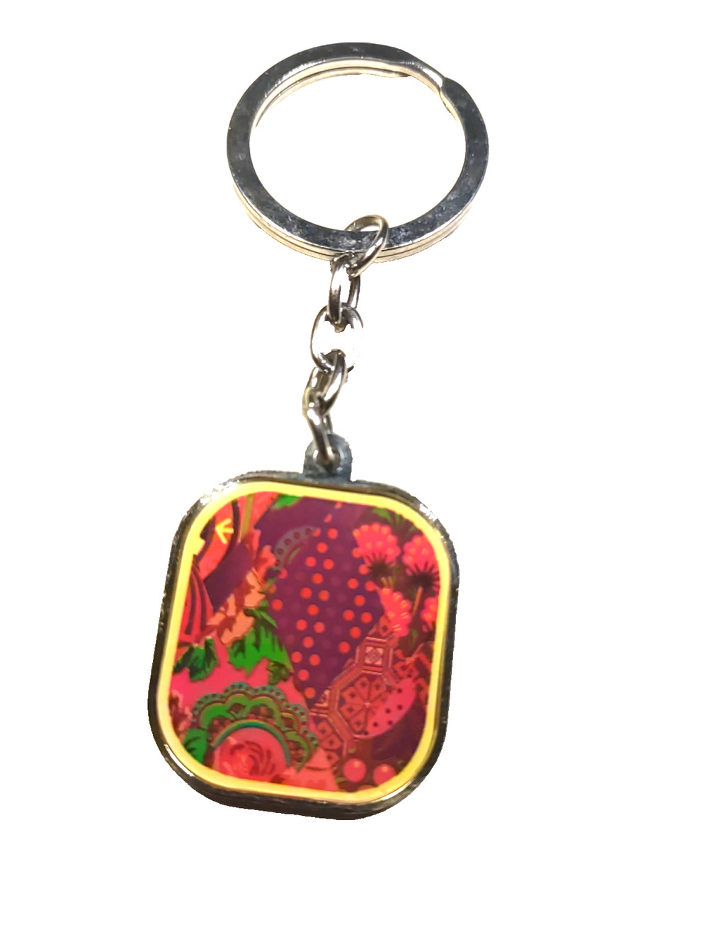 Art Keychain Silver Tone Red Insert